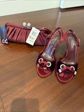 Sergio Rossi Burgundy Velvet Open-Toe Slingback Heels with Crystal Bow